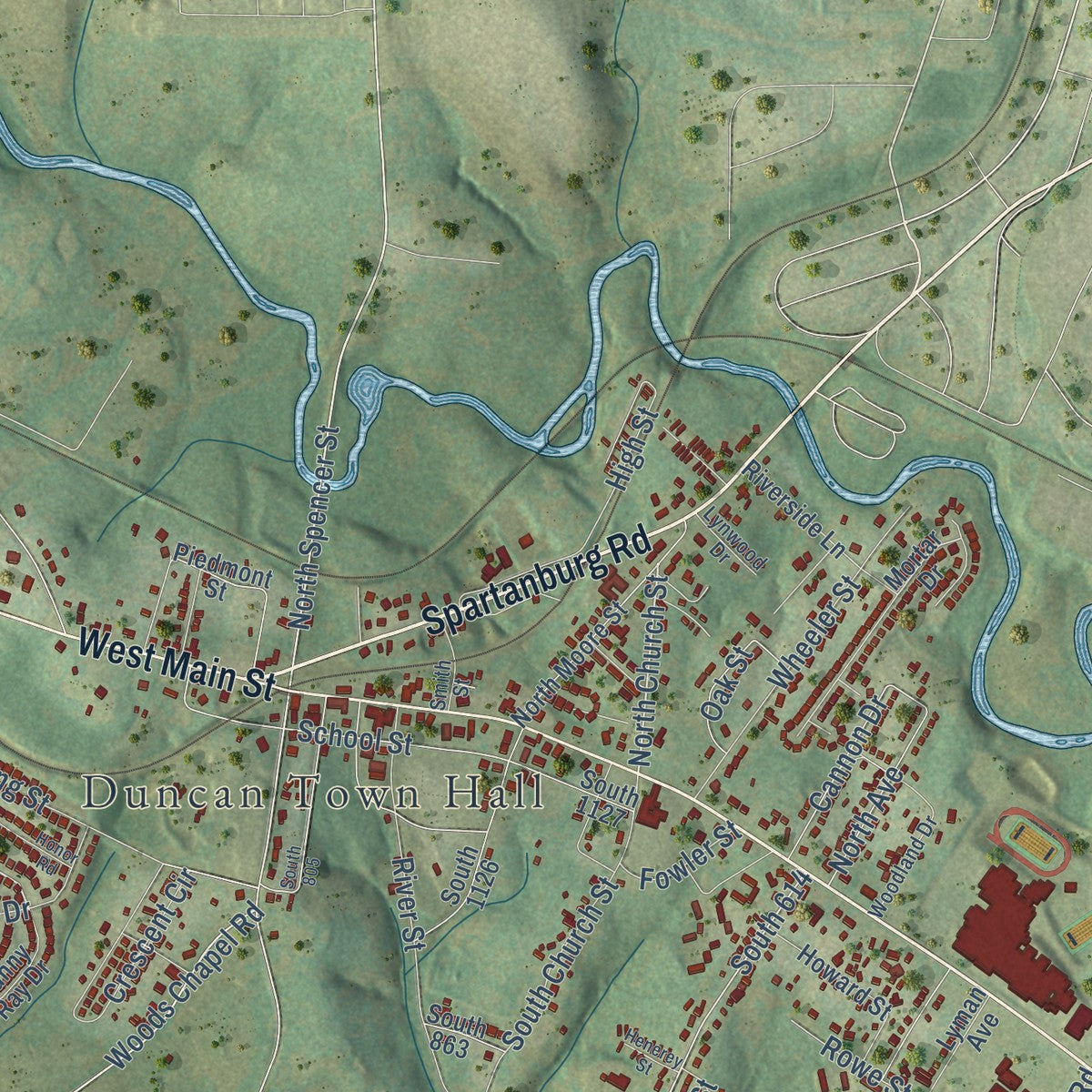 Close-up of the map of Duncan, South Carolina print showing street and building detail