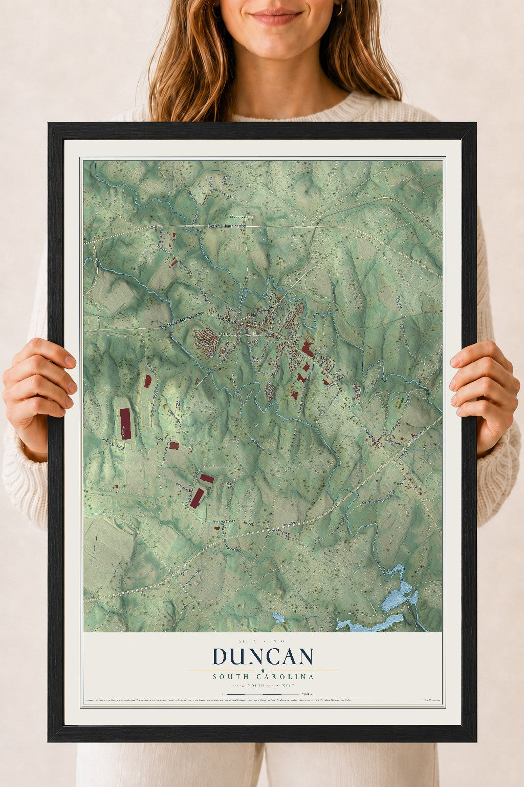 Map of Duncan, South Carolina, 18 x 24 inch print in a black wood frame