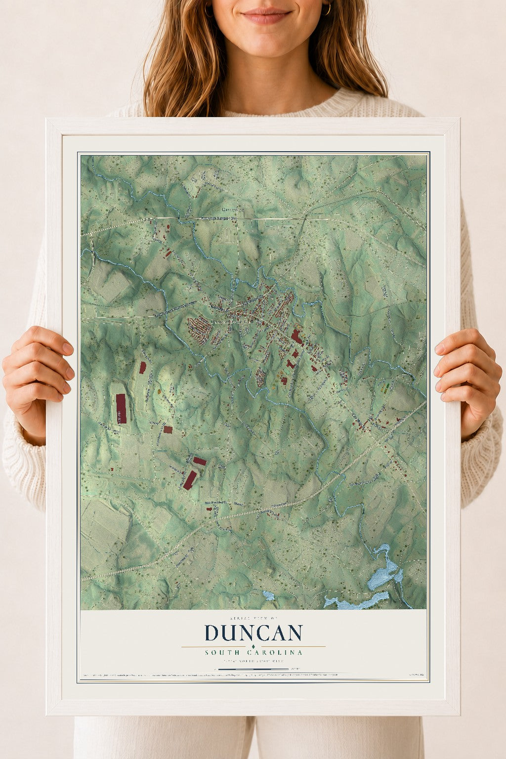 Map of Duncan, South Carolina, 18 x 24 inch print in a white wood frame