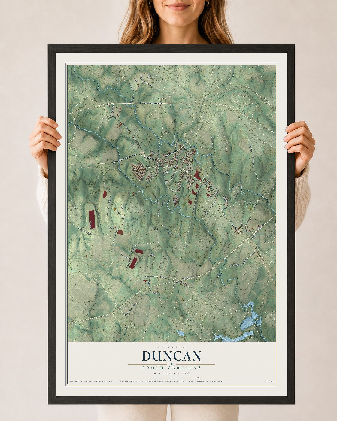 Map of Duncan, South Carolina, 24 x 36 inch print in a black wood frame