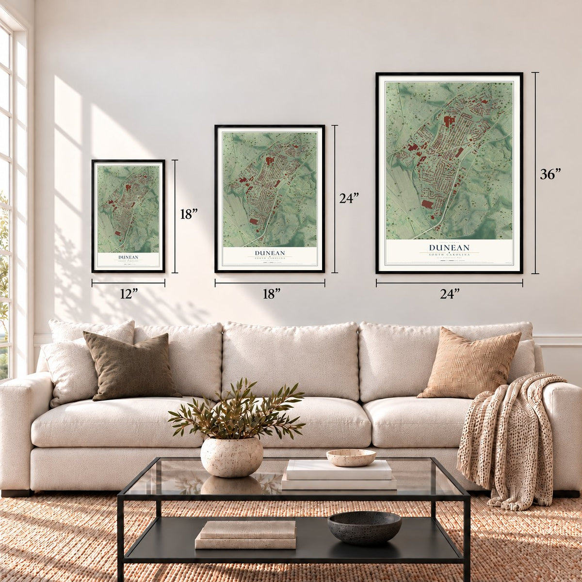 Dunean, South Carolina map in 12 x 18, 18 x 24 and 24 x 36 inch sizes above a sofa