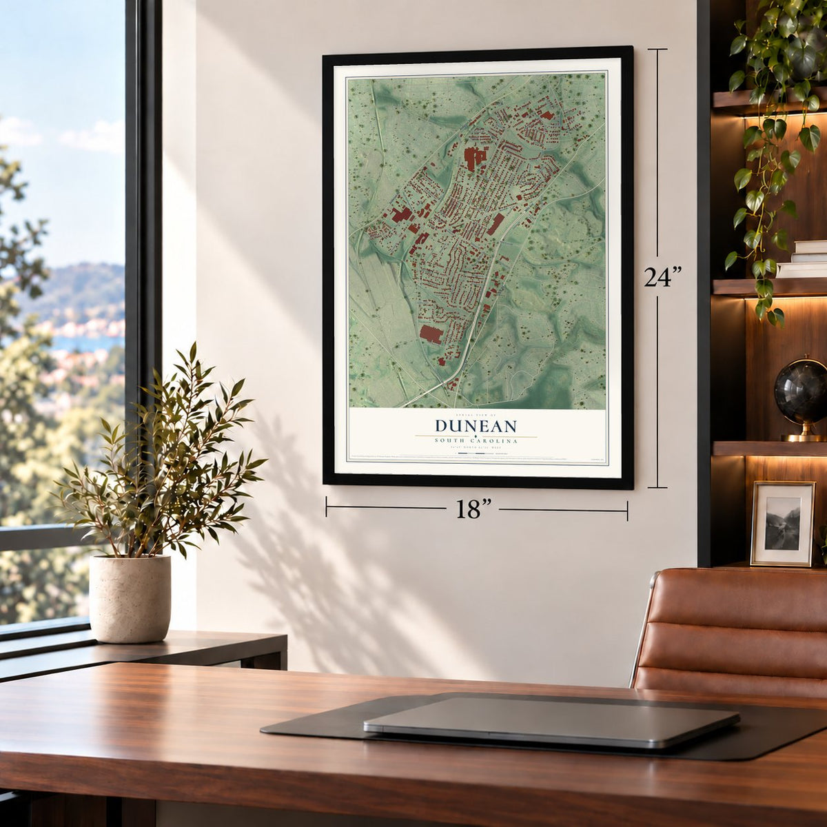 Dunean, South Carolina map, 18 x 24 inch print in a black frame in a home office
