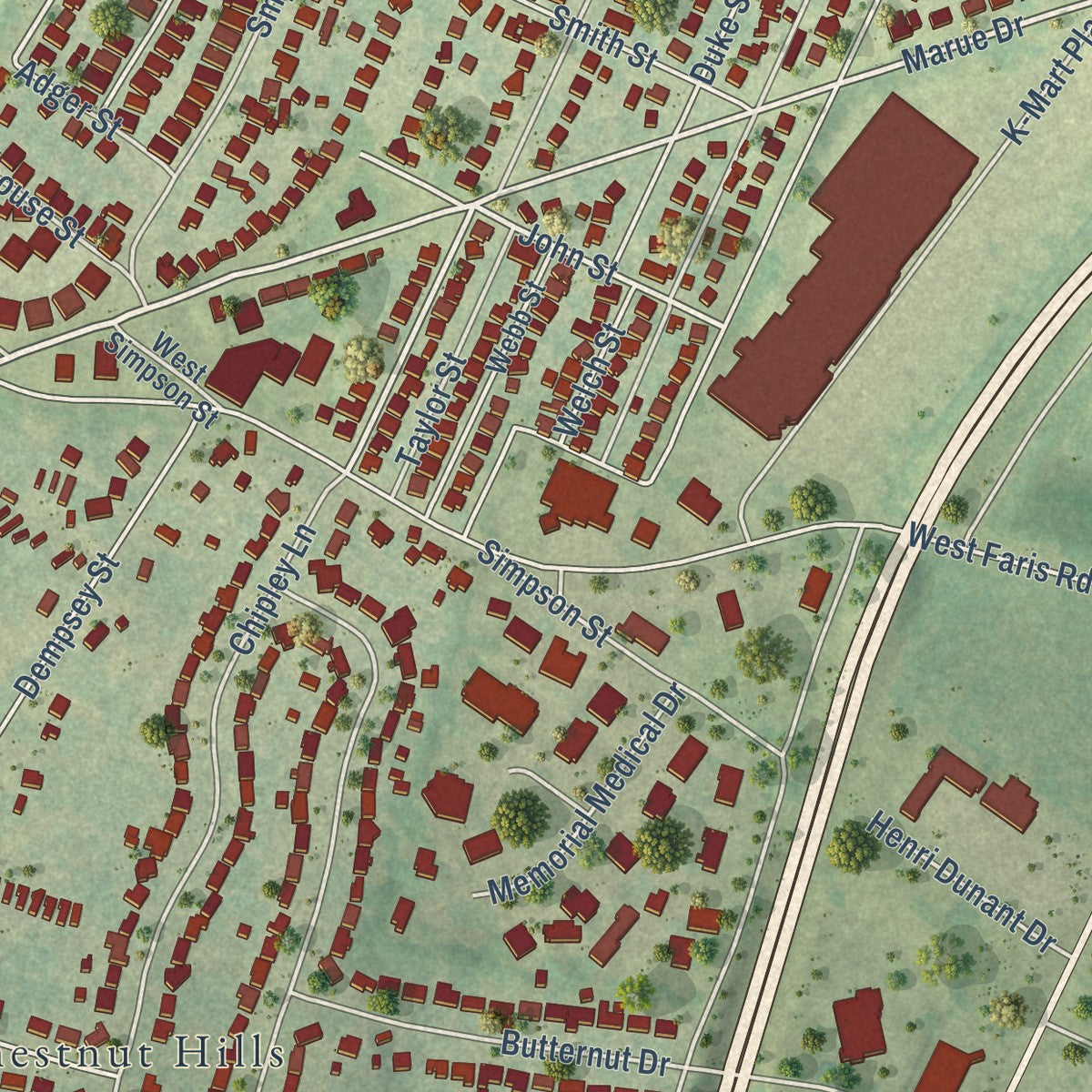 Close-up of the map of Dunean, South Carolina print showing street and building detail