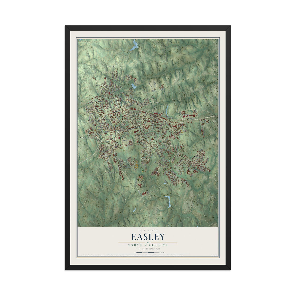 Map of Easley, South Carolina, 12 x 18 inch print in a black wood frame