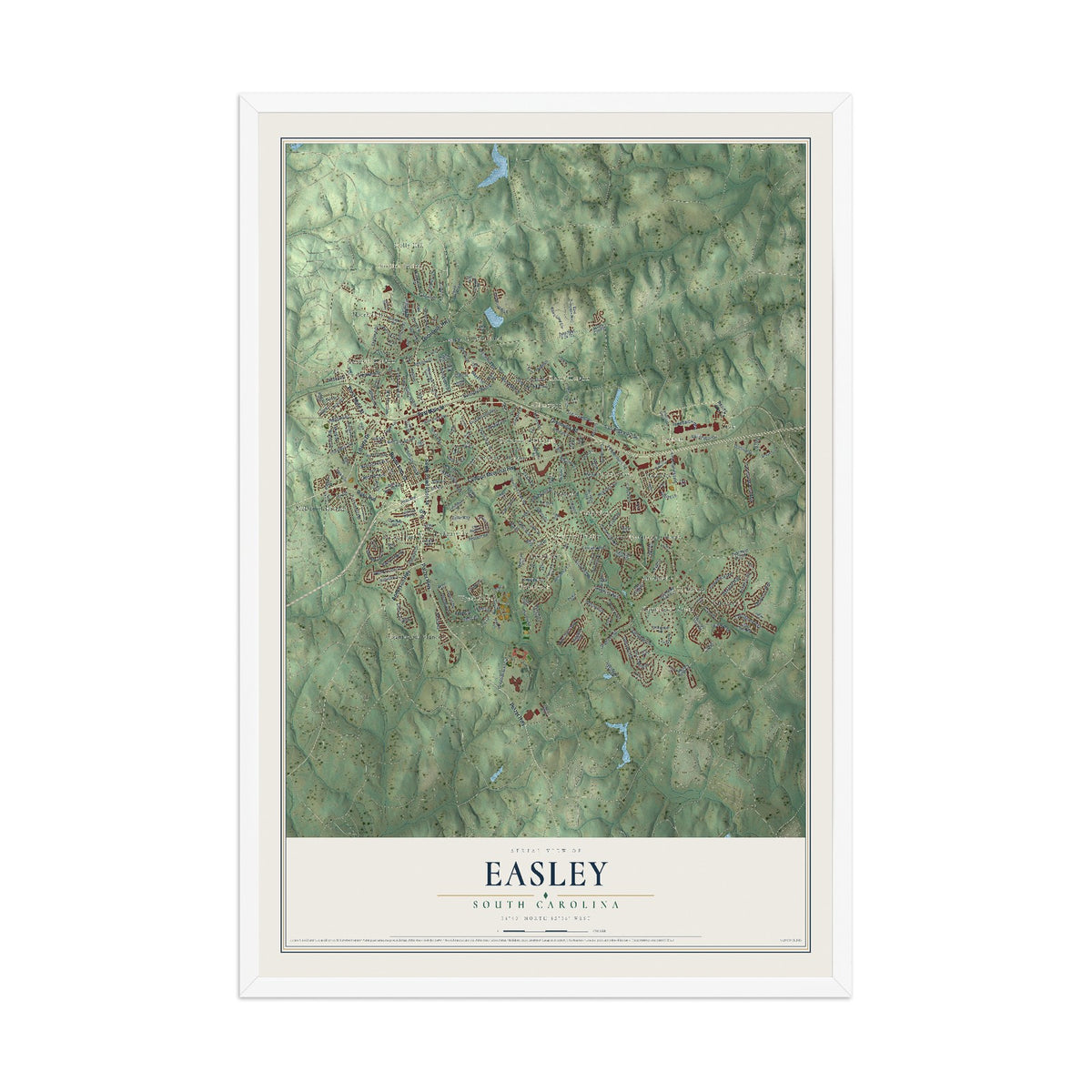 Map of Easley, South Carolina, 12 x 18 inch print in a white wood frame