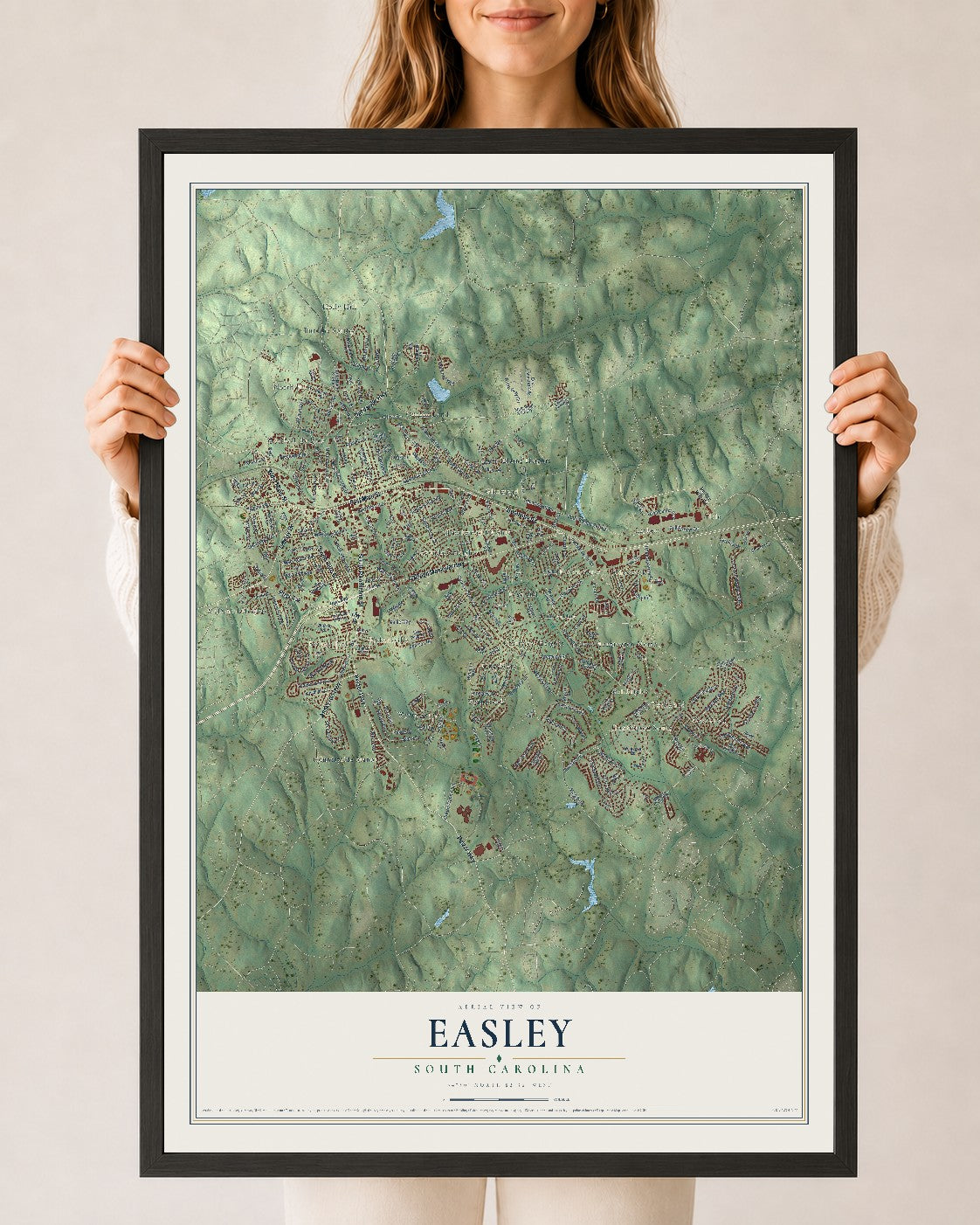 Map of Easley, South Carolina, 24 x 36 inch print in a black wood frame