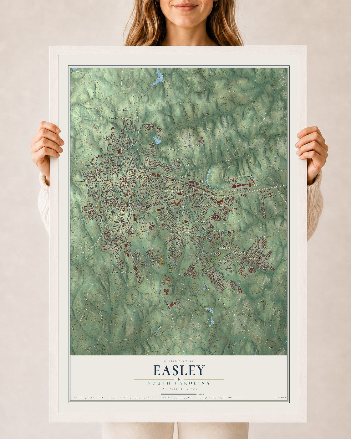 Map of Easley, South Carolina, 24 x 36 inch print in a white wood frame
