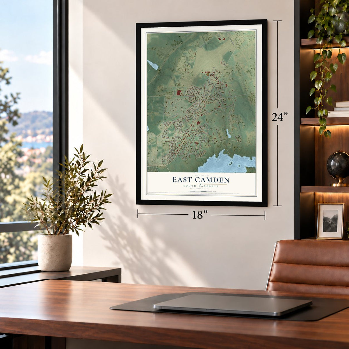 East Camden, South Carolina map, 18 x 24 inch print in a black frame in a home office