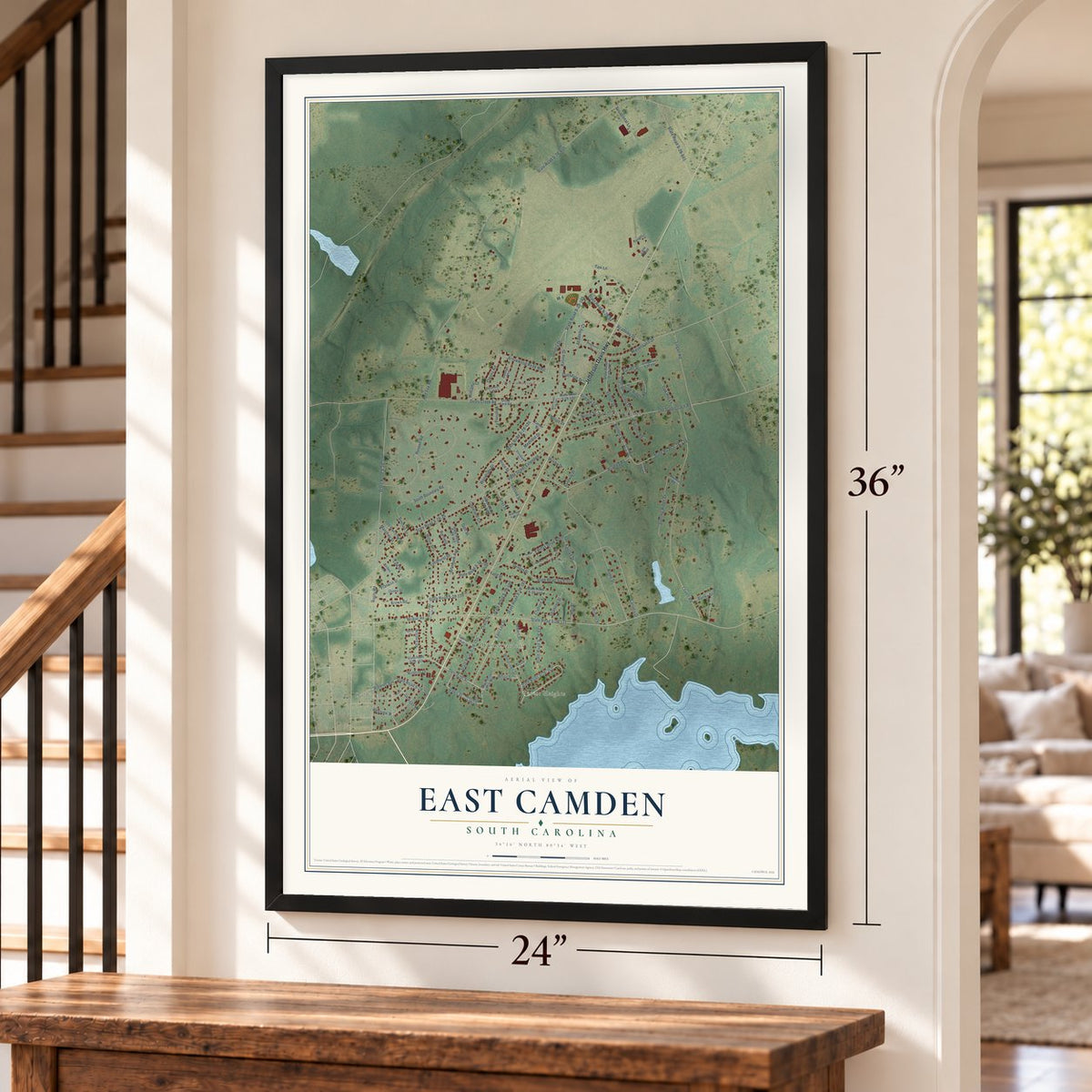 East Camden, South Carolina map, 24 x 36 inch print in a black frame by a staircase