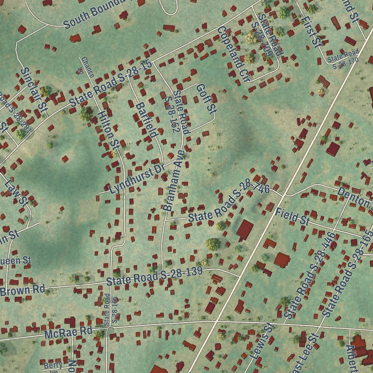 Close-up of the map of East Camden, South Carolina print showing street and building detail