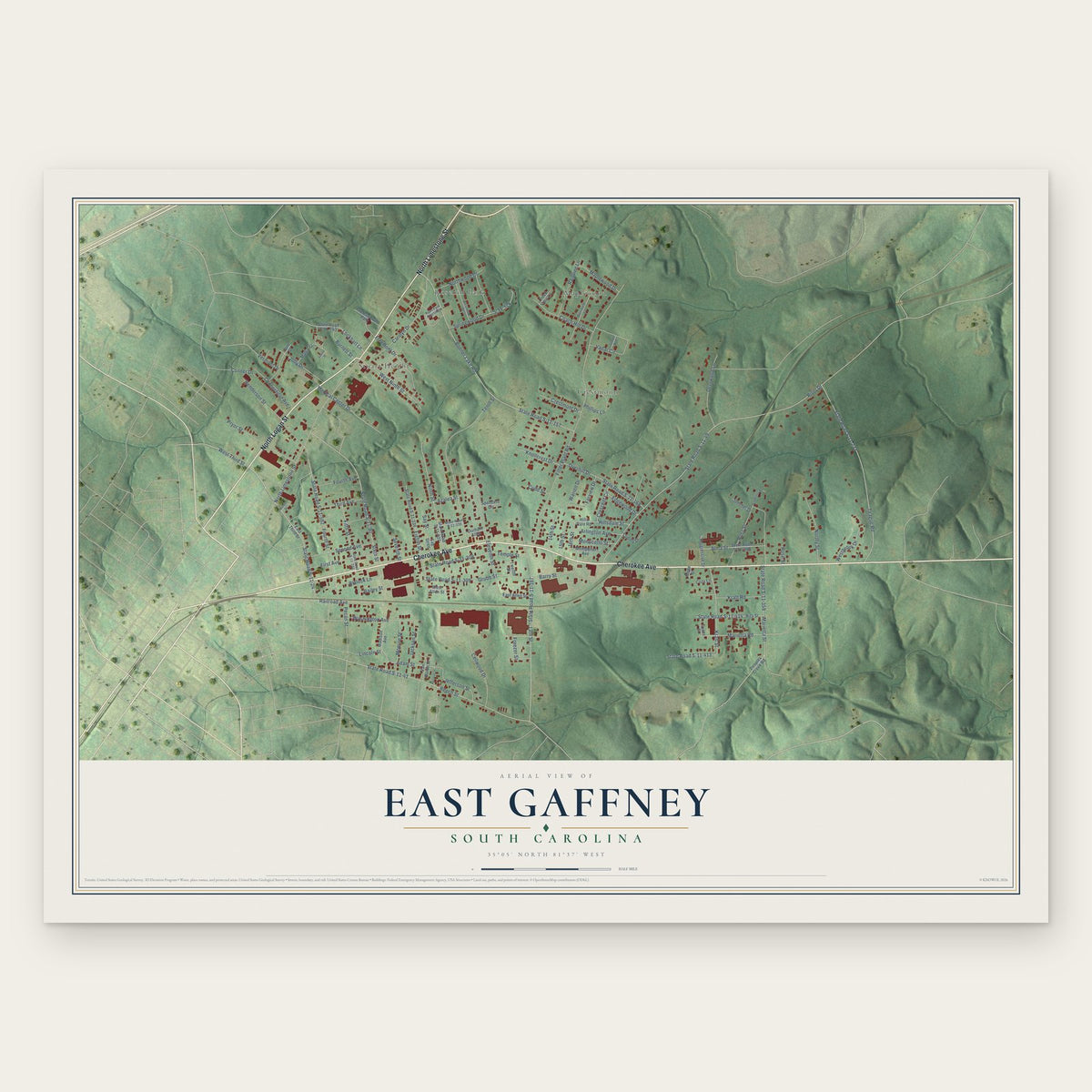 East Gaffney, South Carolina map print, the full design