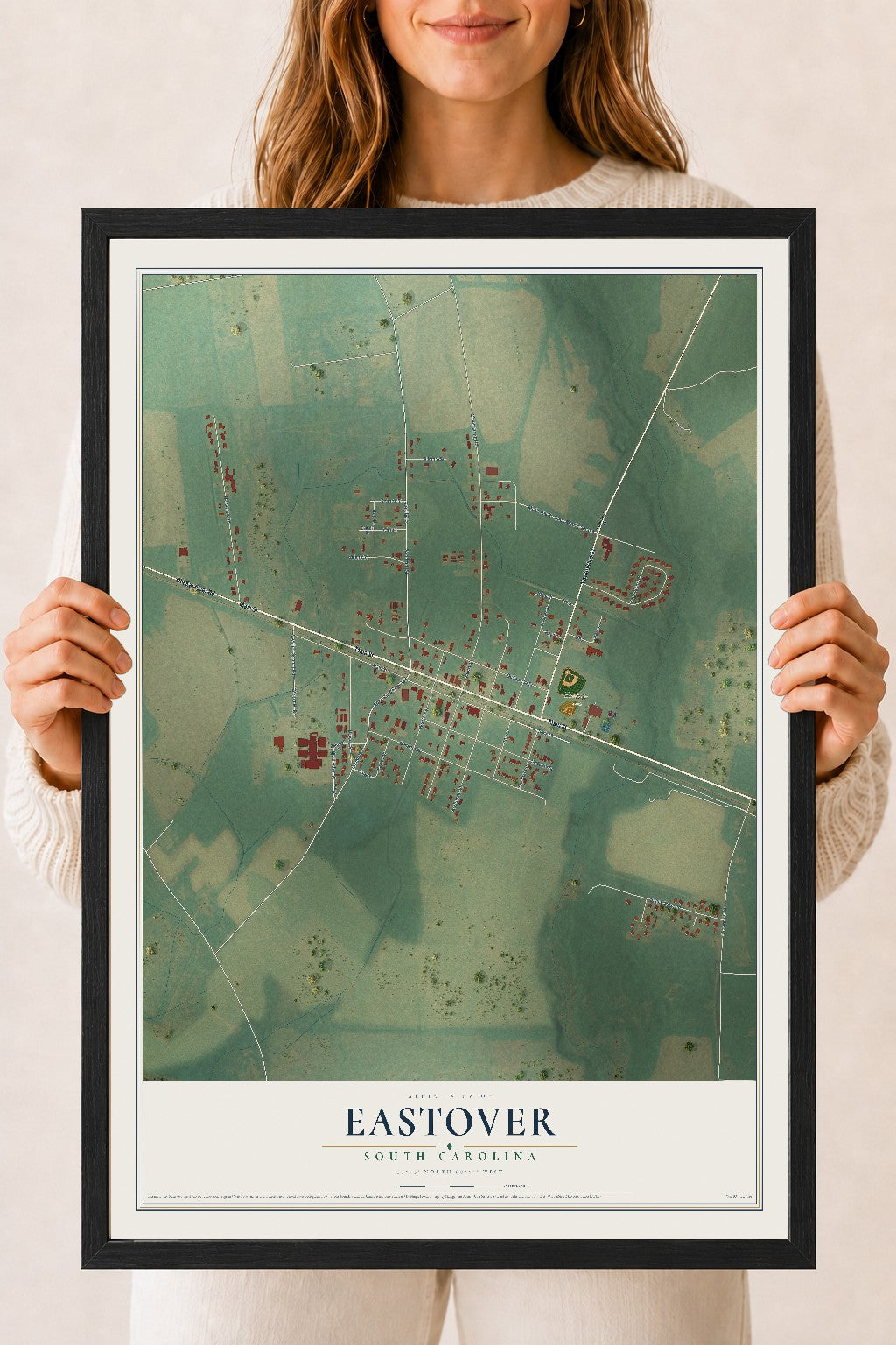 Map of Eastover, South Carolina, 18 x 24 inch print in a black wood frame