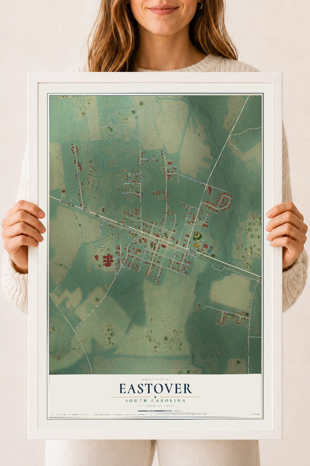 Map of Eastover, South Carolina, 18 x 24 inch print in a white wood frame