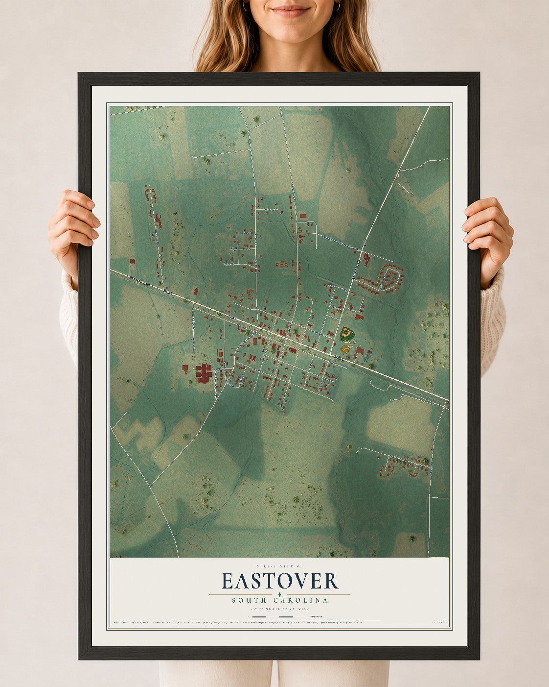 Map of Eastover, South Carolina, 24 x 36 inch print in a black wood frame