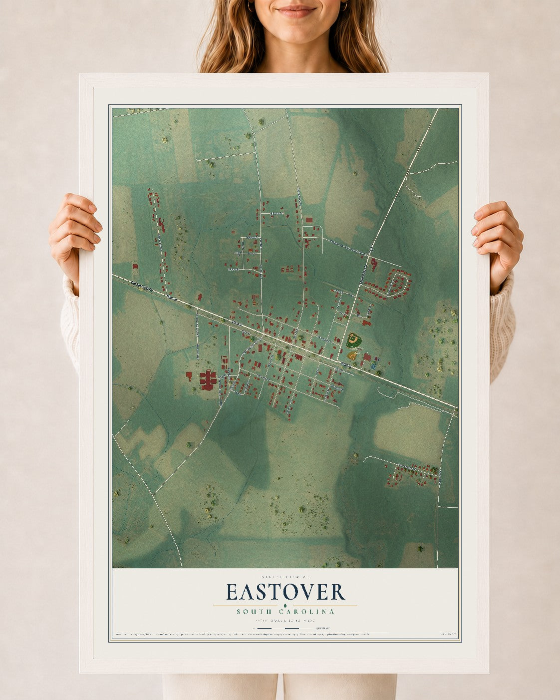 Map of Eastover, South Carolina, 24 x 36 inch print in a white wood frame