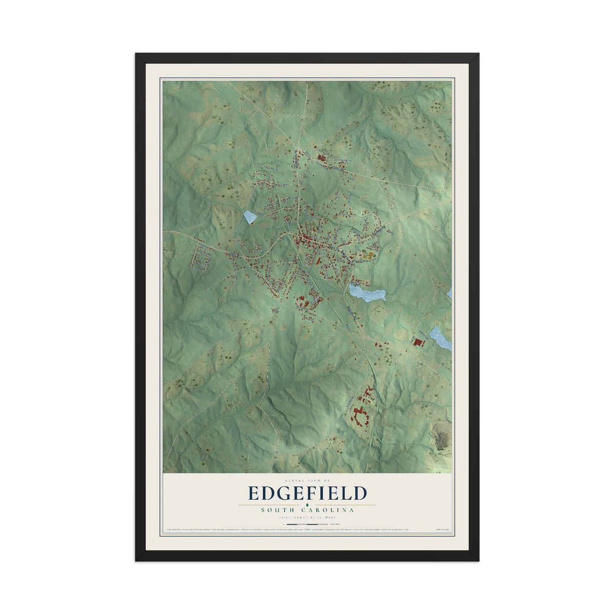 Map of Edgefield, South Carolina, 12 x 18 inch print in a black wood frame