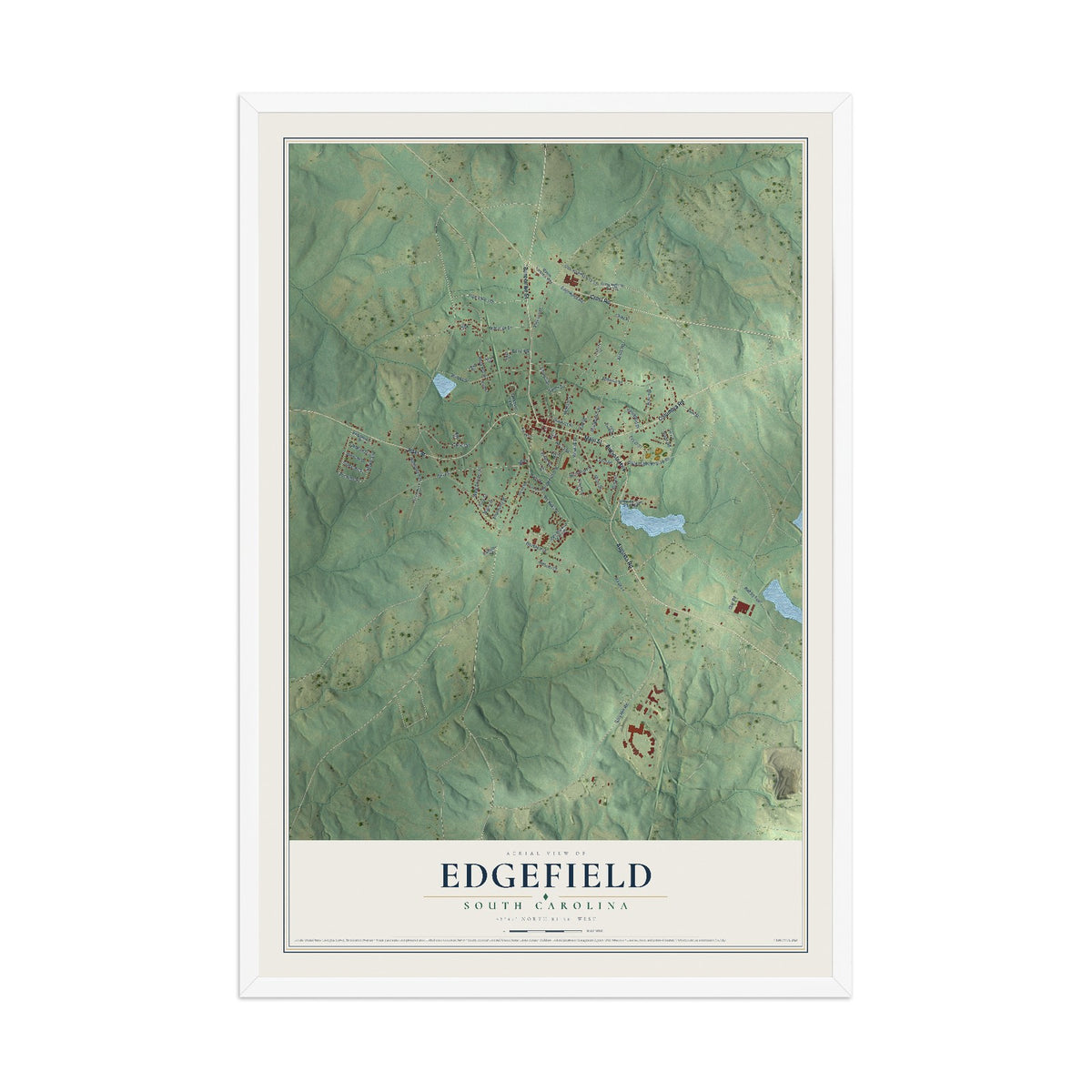 Map of Edgefield, South Carolina, 12 x 18 inch print in a white wood frame