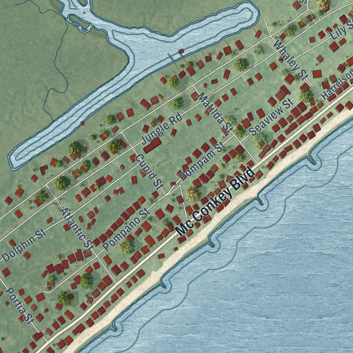 Second close-up of the map of Edisto Beach, South Carolina print showing more streets and buildings