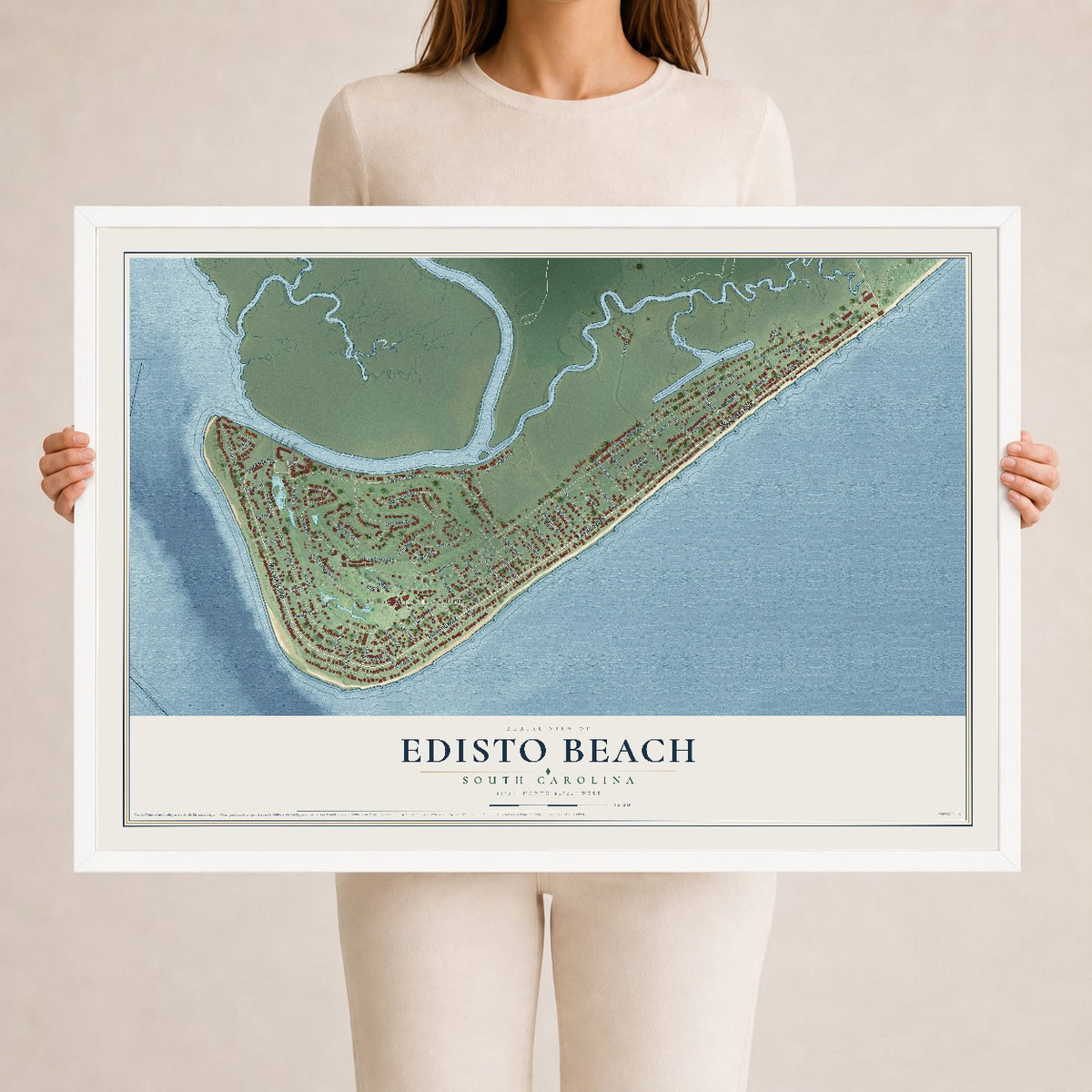 Map of Edisto Beach, South Carolina, 24 x 36 inch print in a white wood frame