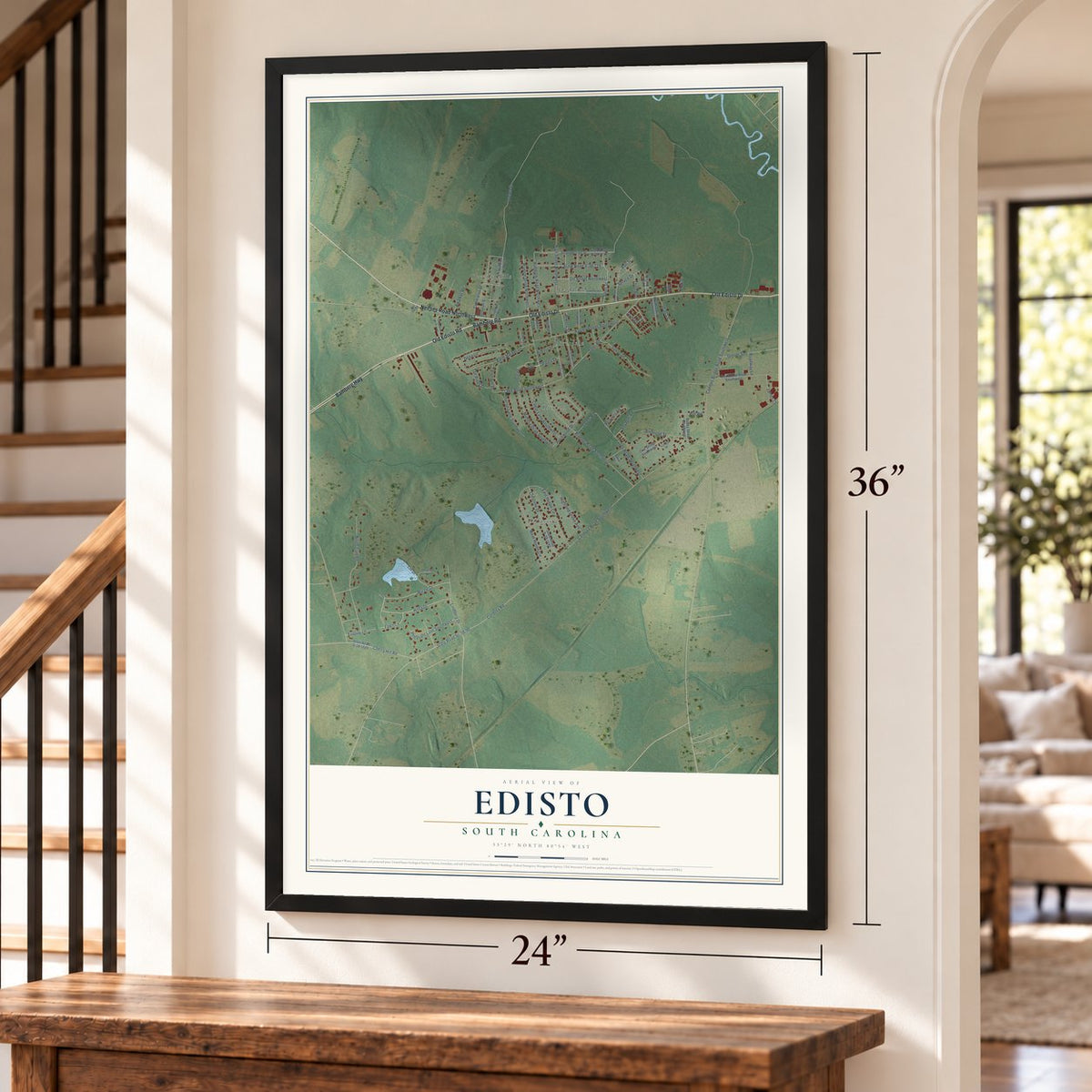 Edisto, South Carolina map, 24 x 36 inch print in a black frame by a staircase