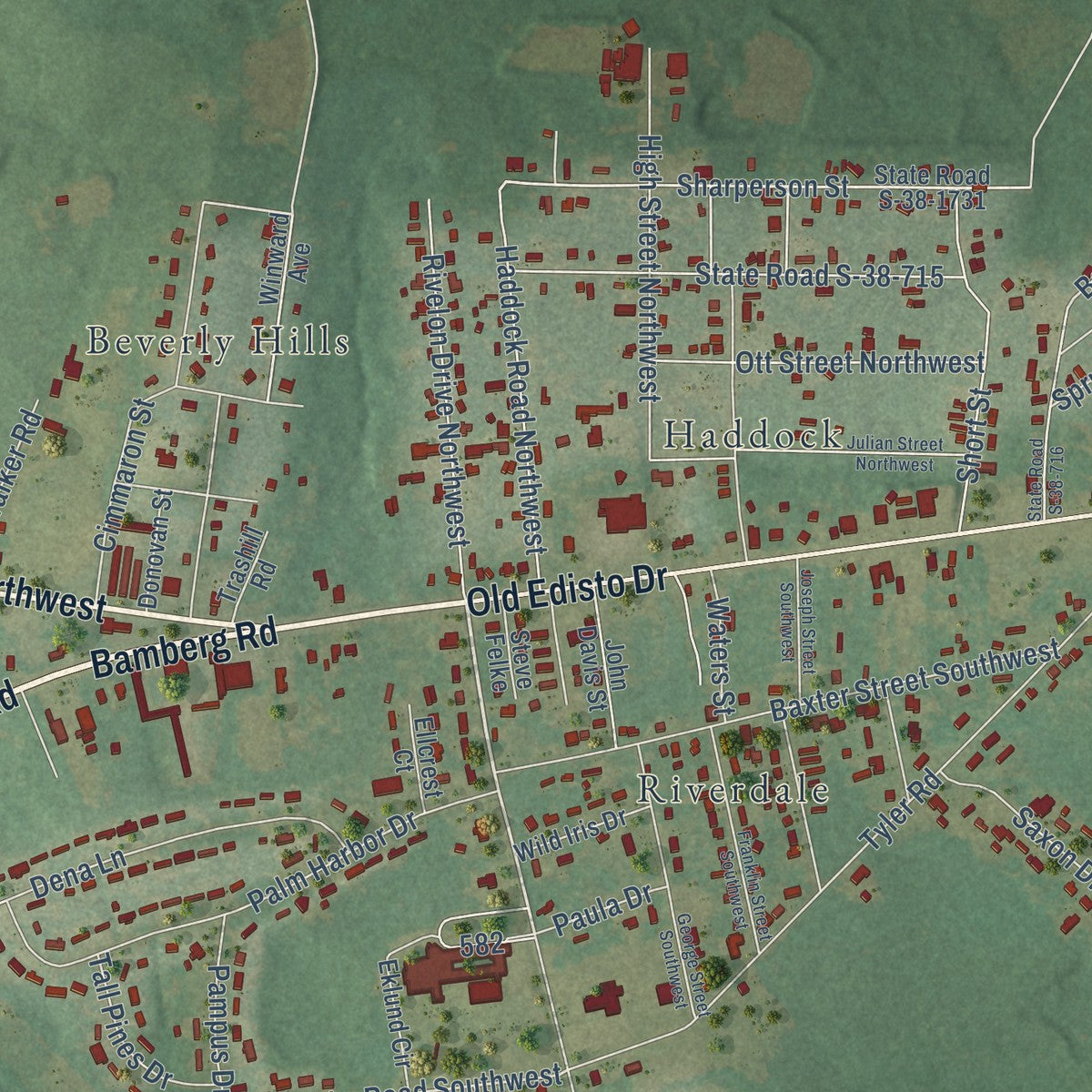 Close-up of the map of Edisto, South Carolina print showing street and building detail