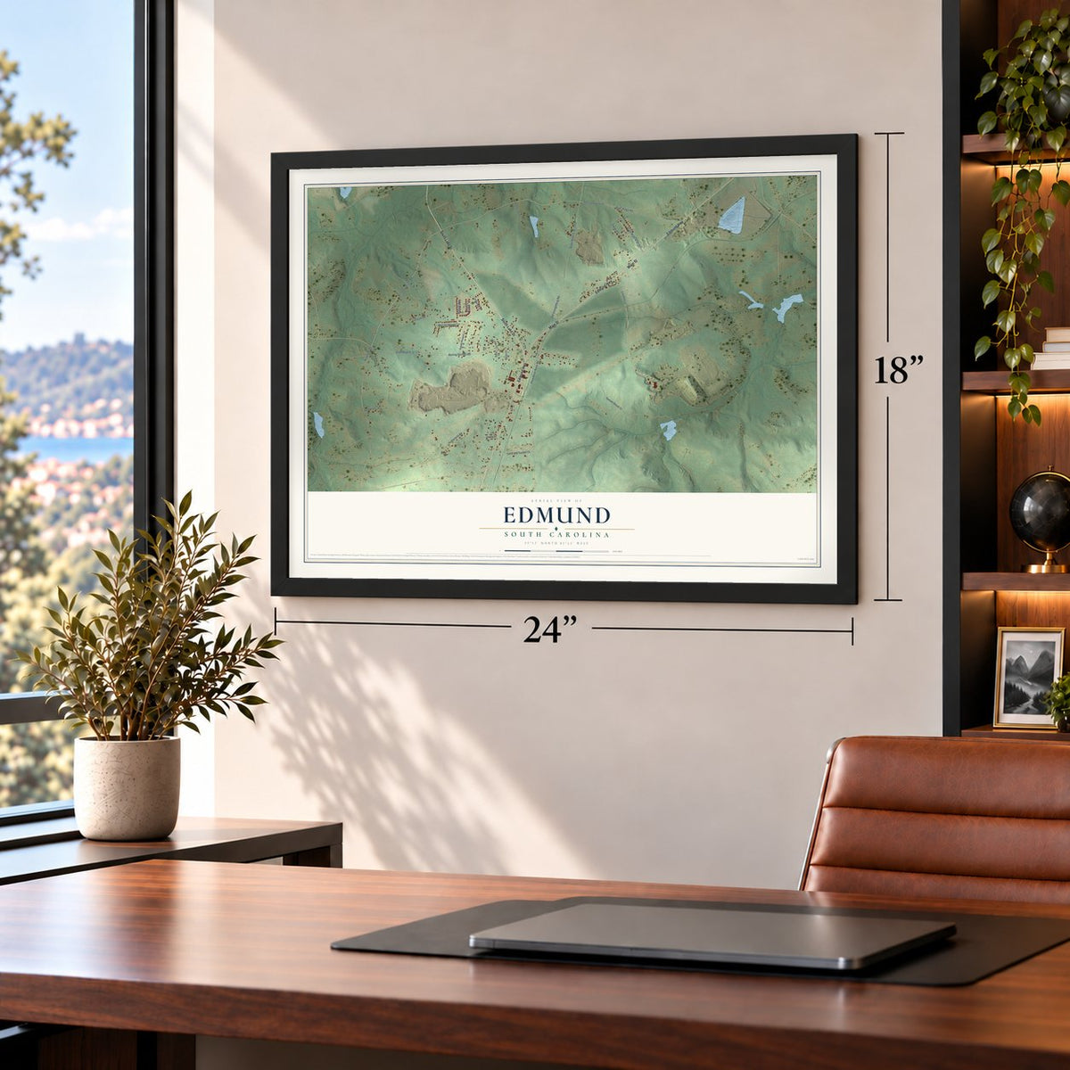 Edmund, South Carolina map, 18 x 24 inch print in a black frame in a home office