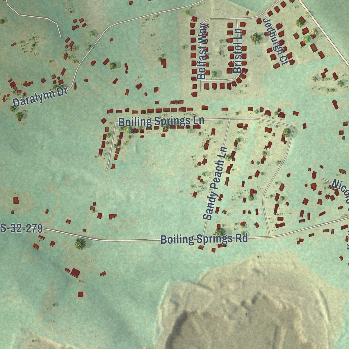Close-up of the map of Edmund, South Carolina print showing street and building detail