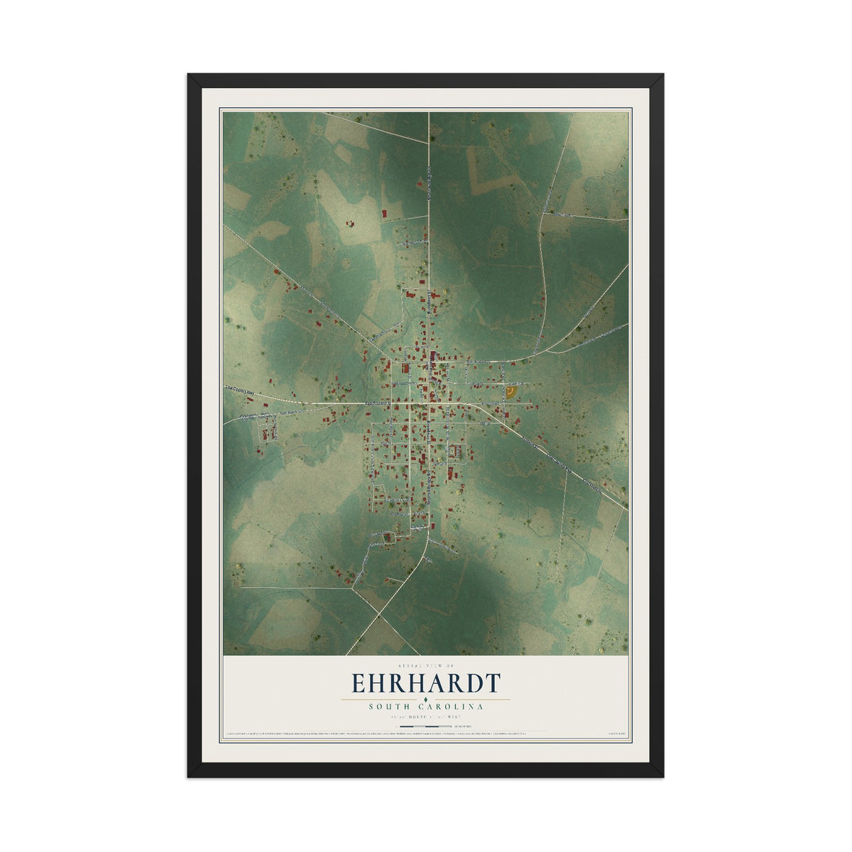 Map of Ehrhardt, South Carolina, 12 x 18 inch print in a black wood frame