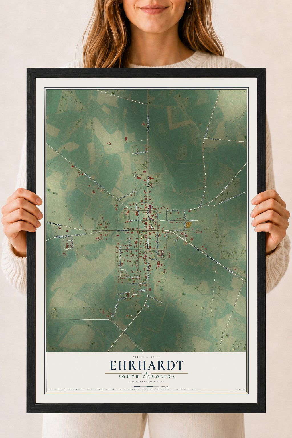 Map of Ehrhardt, South Carolina, 18 x 24 inch print in a black wood frame