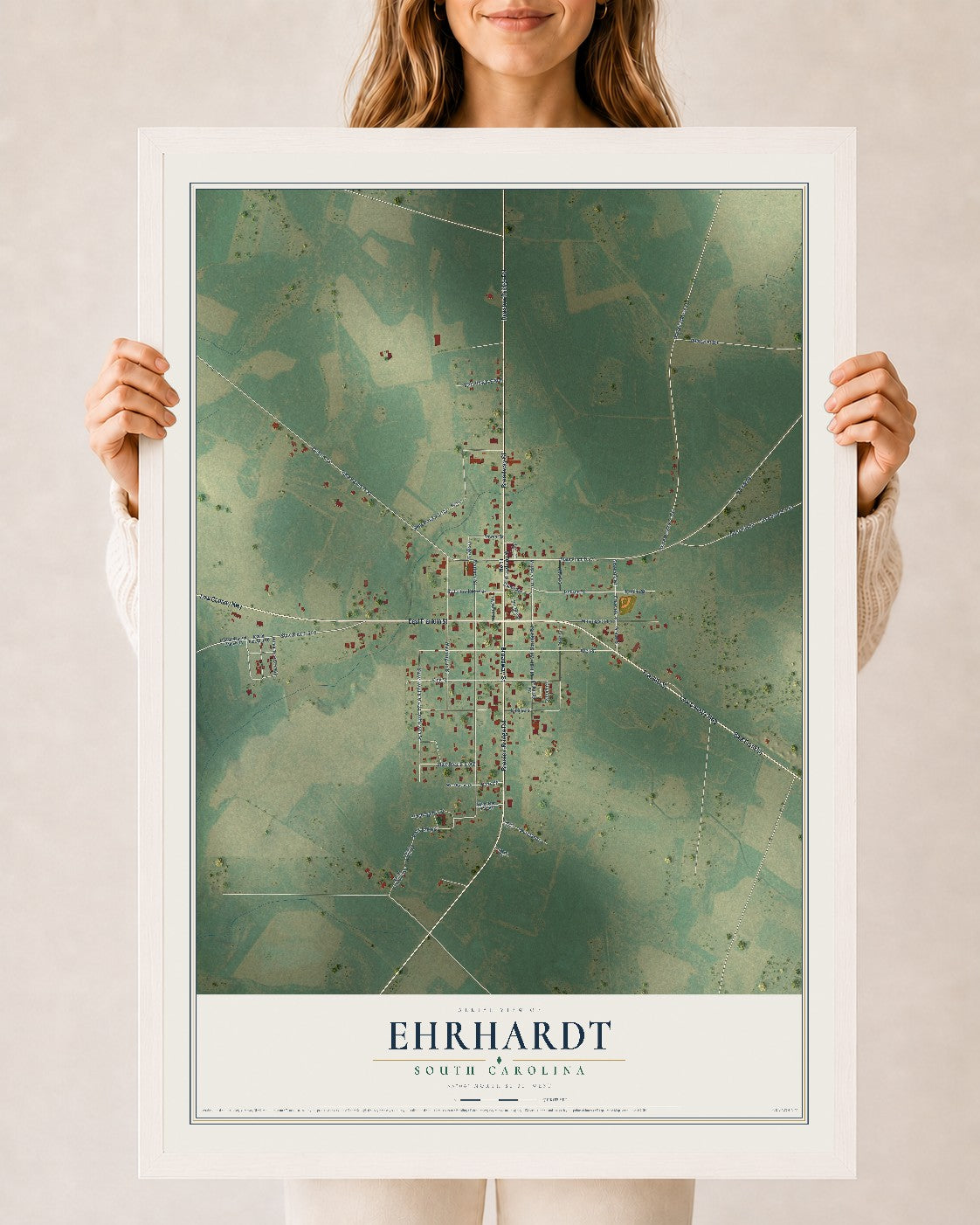 Map of Ehrhardt, South Carolina, 24 x 36 inch print in a white wood frame
