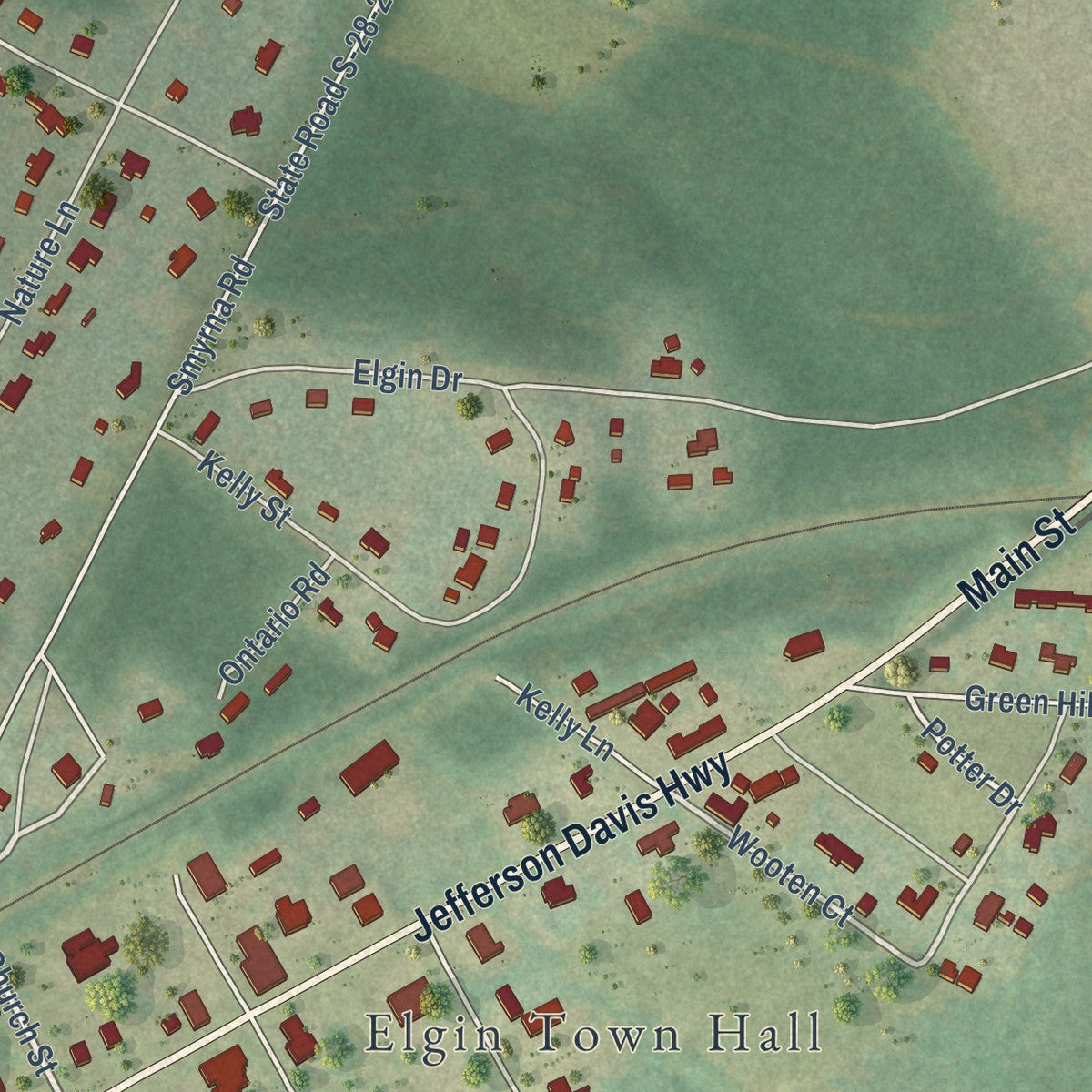 Second close-up of the map of Elgin, South Carolina print showing more streets and buildings