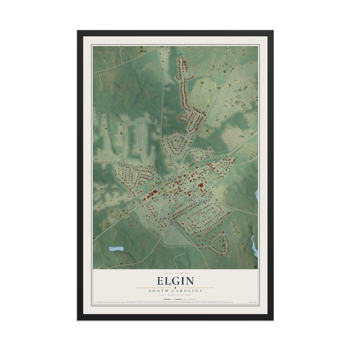 Map of Elgin, South Carolina, 12 x 18 inch print in a black wood frame