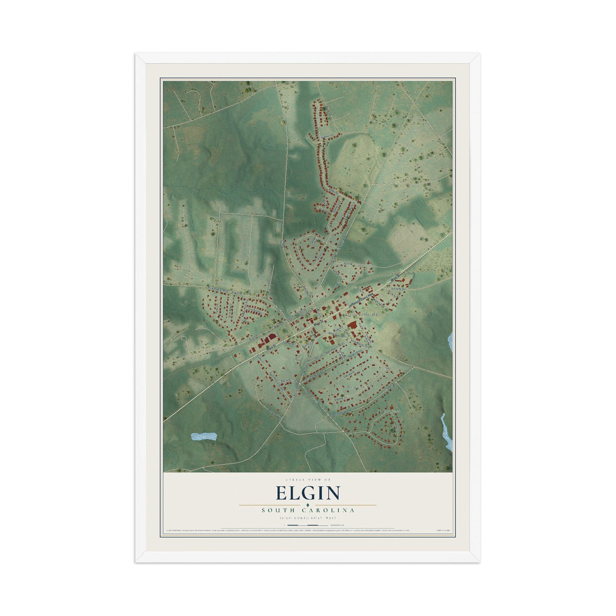 Map of Elgin, South Carolina, 12 x 18 inch print in a white wood frame