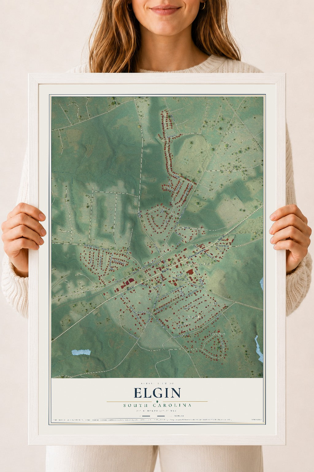 Map of Elgin, South Carolina, 18 x 24 inch print in a white wood frame