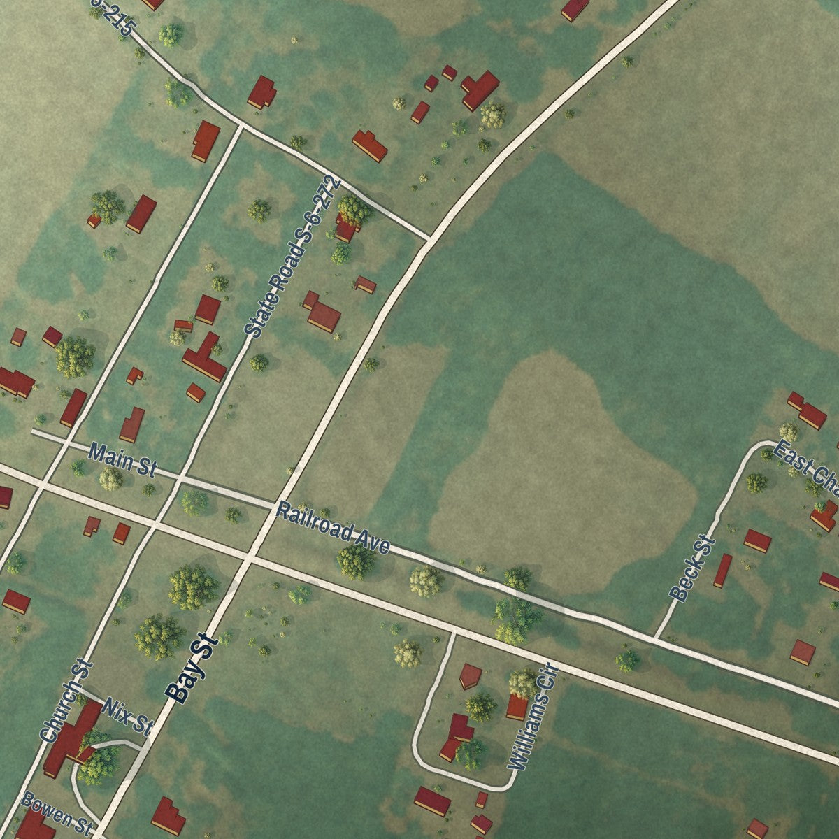 Close-up of the map of Elko, South Carolina print showing street and building detail
