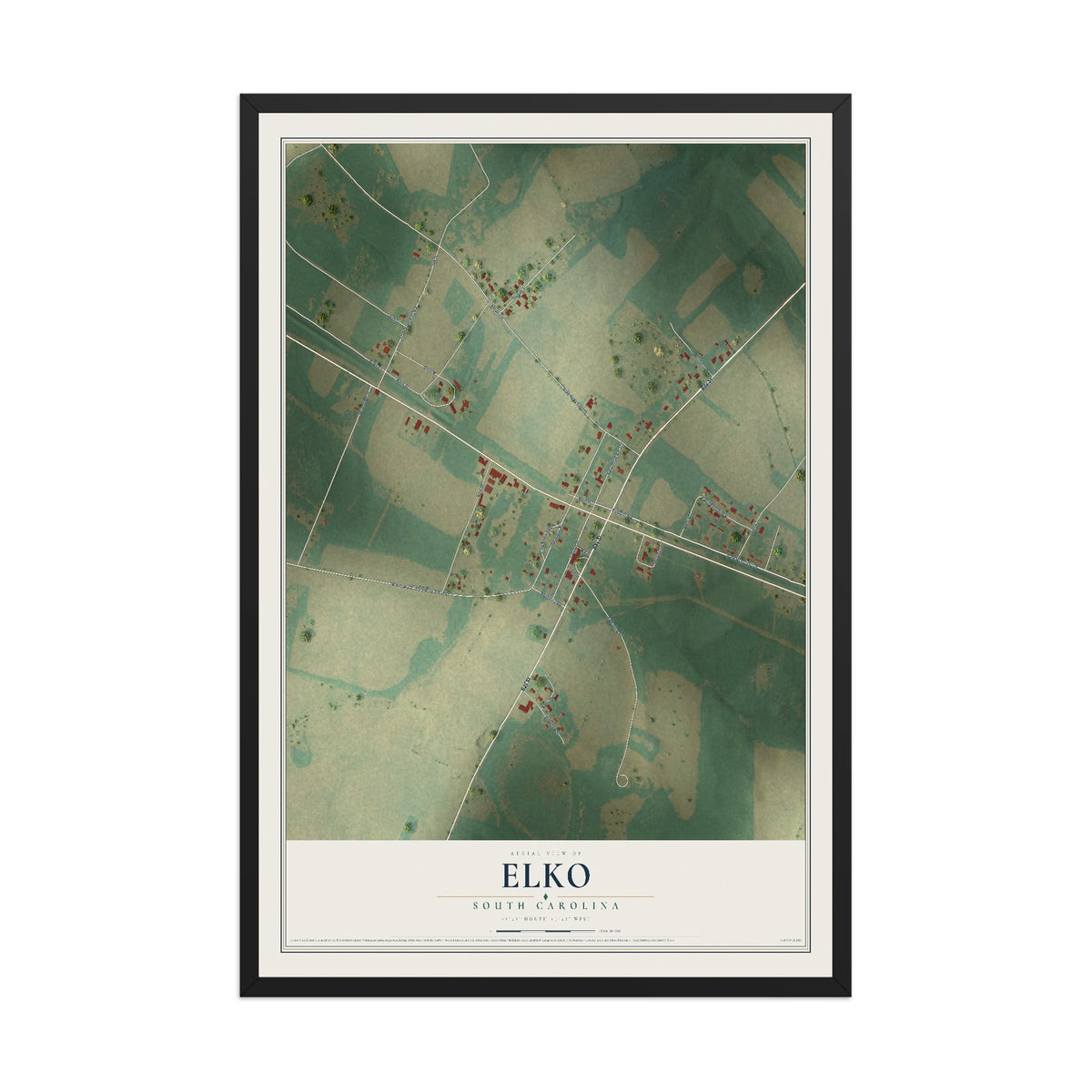 Map of Elko, South Carolina, 12 x 18 inch print in a black wood frame