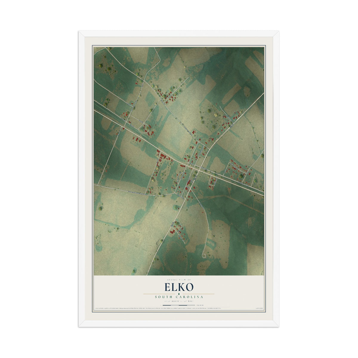 Map of Elko, South Carolina, 12 x 18 inch print in a white wood frame