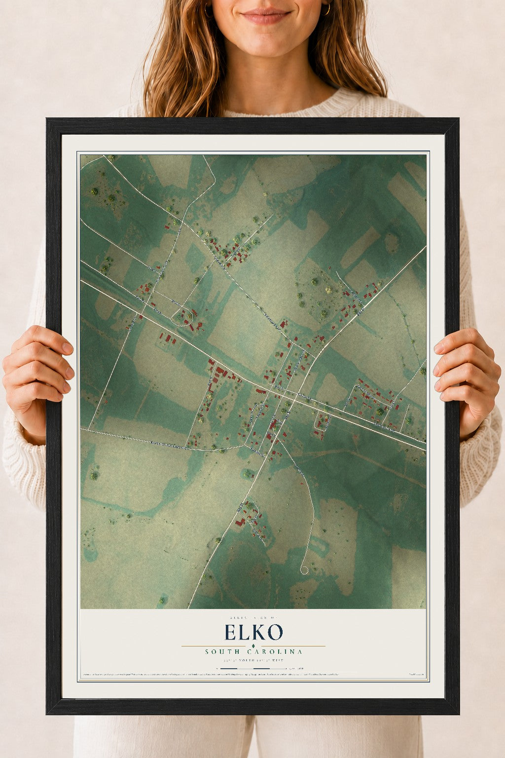 Map of Elko, South Carolina, 18 x 24 inch print in a black wood frame