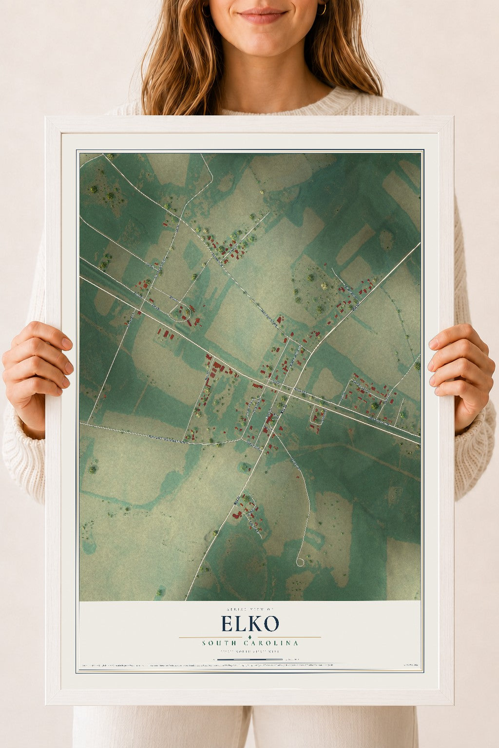 Map of Elko, South Carolina, 18 x 24 inch print in a white wood frame