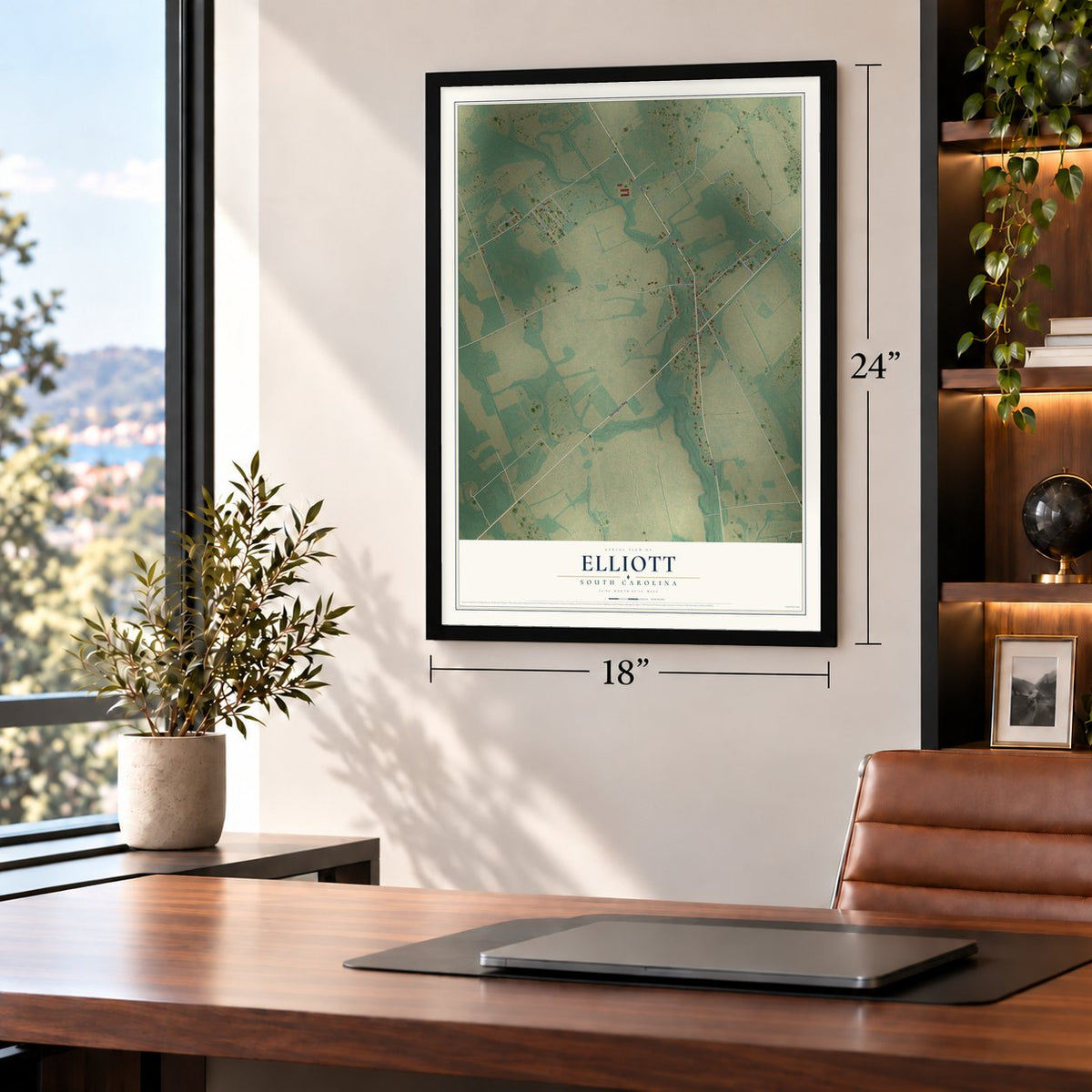 Elliott, South Carolina map, 18 x 24 inch print in a black frame in a home office