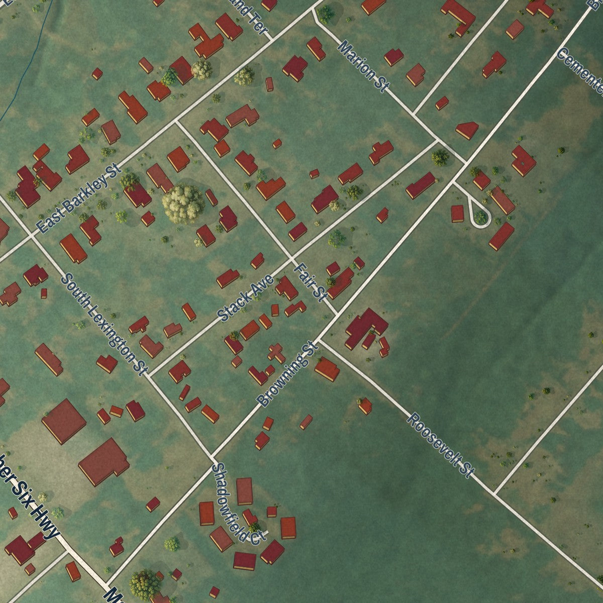 Second close-up of the map of Elloree, South Carolina print showing more streets and buildings
