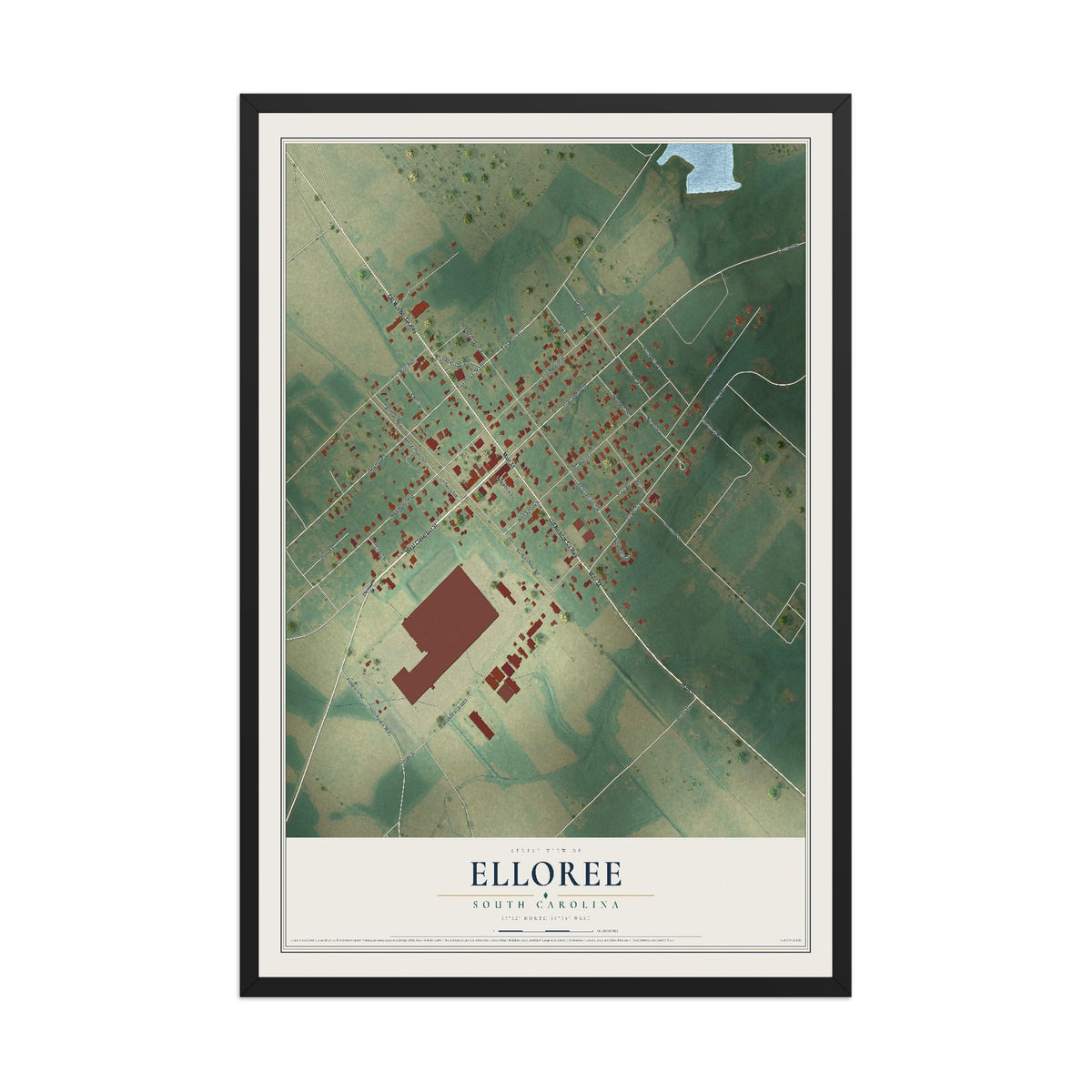 Map of Elloree, South Carolina, 12 x 18 inch print in a black wood frame