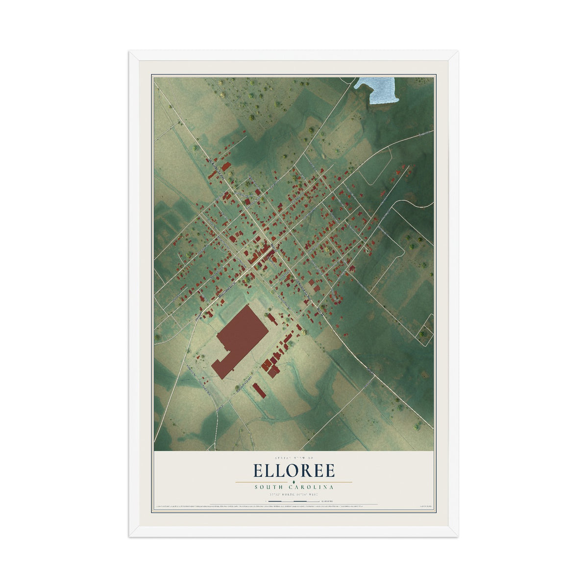 Map of Elloree, South Carolina, 12 x 18 inch print in a white wood frame