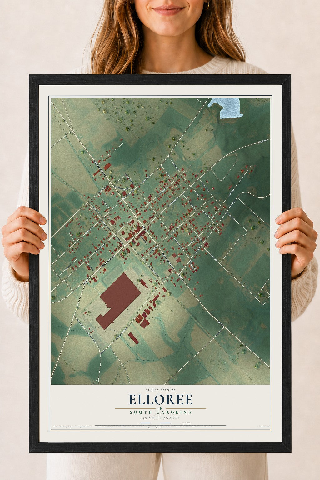 Map of Elloree, South Carolina, 18 x 24 inch print in a black wood frame