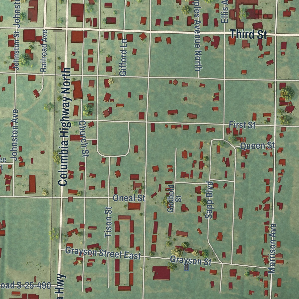 Close-up of the map of Estill, South Carolina print showing street and building detail