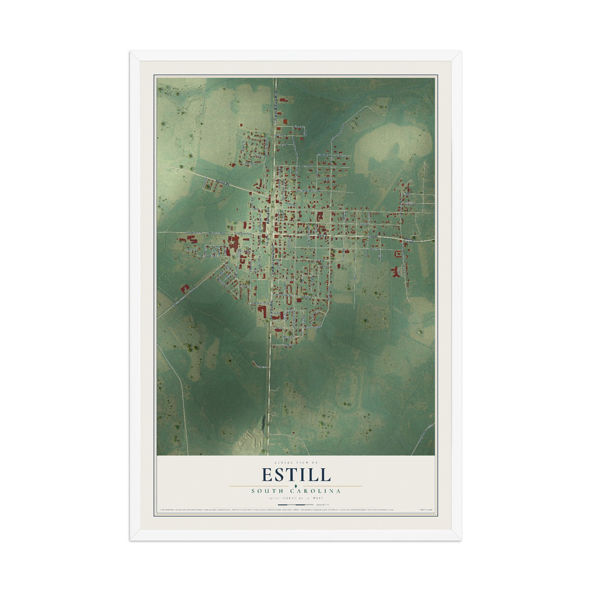 Map of Estill, South Carolina, 12 x 18 inch print in a white wood frame