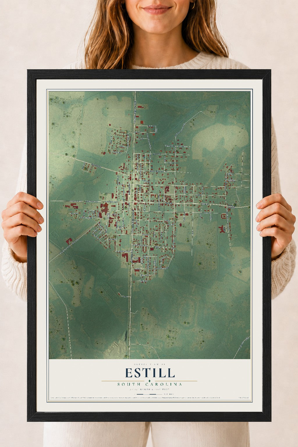 Map of Estill, South Carolina, 18 x 24 inch print in a black wood frame