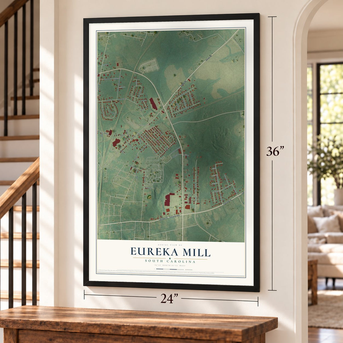 Eureka Mill, South Carolina map, 24 x 36 inch print in a black frame by a staircase