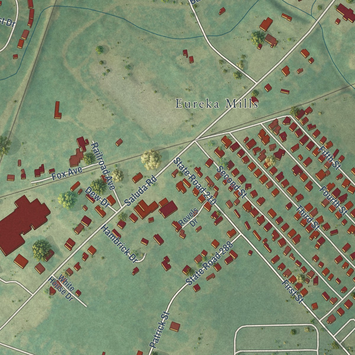 Close-up of the map of Eureka Mill, South Carolina print showing street and building detail