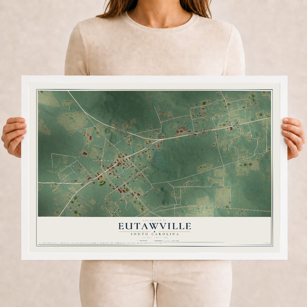 Map of Eutawville, South Carolina, 12 x 18 inch print in a white wood frame